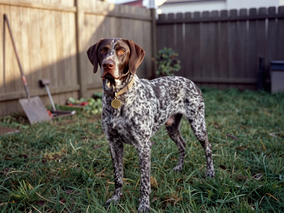 German Shorthaired Pointer in Nagoya Yard in in a small yard with clipped grass, calm light, and the animal centered in frame near Nagoya