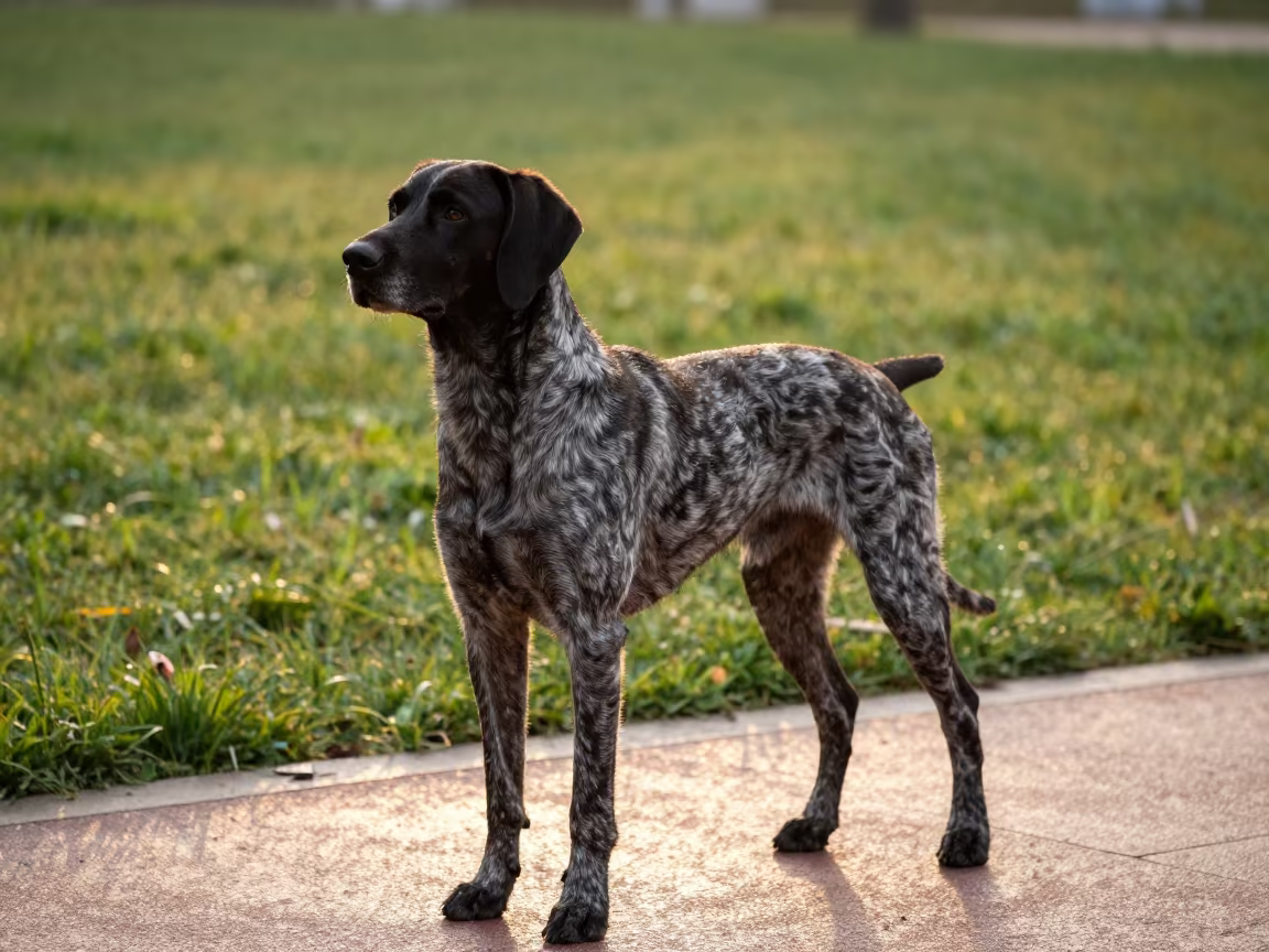German Shorthaired Pointer in Taiyuan Park Path in in a small yard with clipped grass, calm light, and the animal centered in frame in Taiyuan