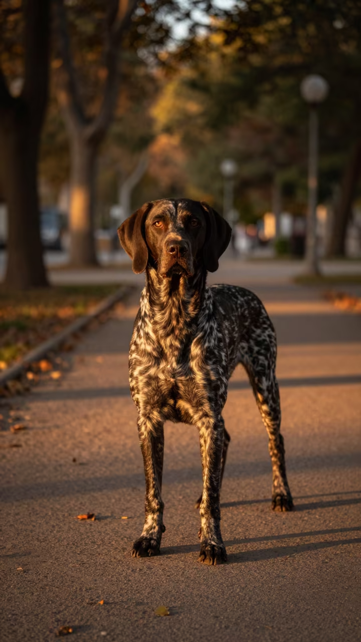 German Shorthaired Pointer in Terrassa Park Evening Light in along a quiet park path with soft open shade and a clean background in Terrassa