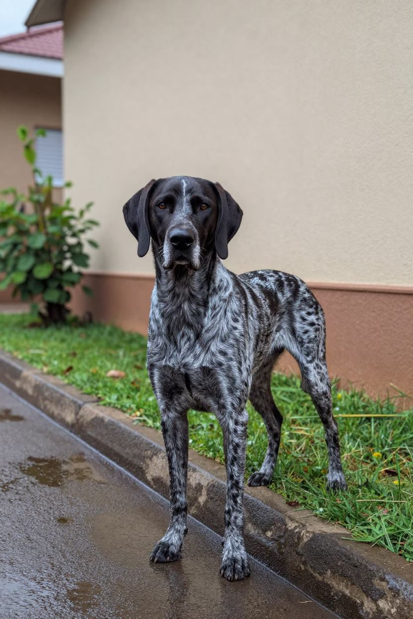 German Shorthaired Pointer Morning Portrait in Bujumbura in near a garden edge with soft morning light and an uncluttered background in Bujumbura