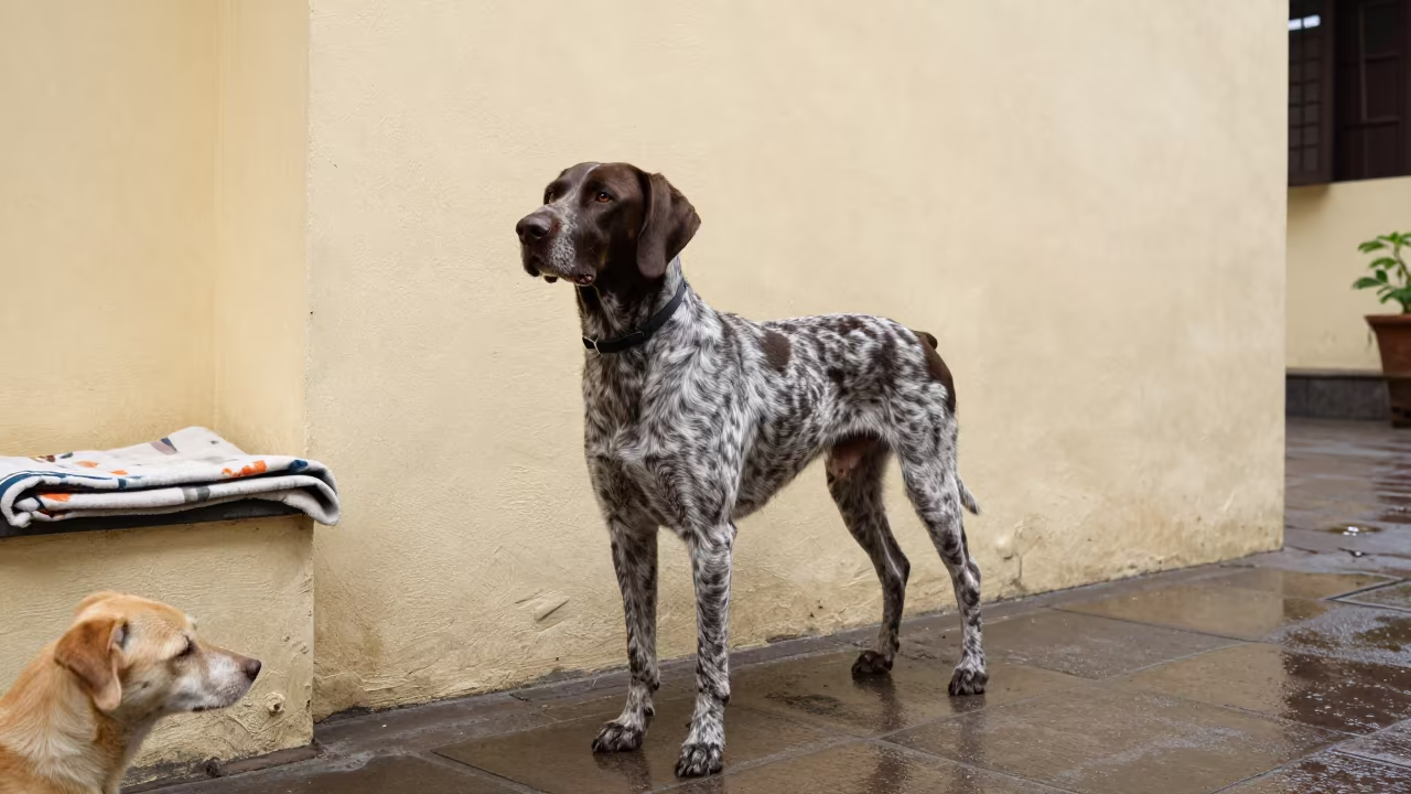 German Shorthaired Pointer on Hanoi Courtyard Path in beside a plain courtyard wall in clear daylight with the animal at eye level near Old Quarter, Hanoi