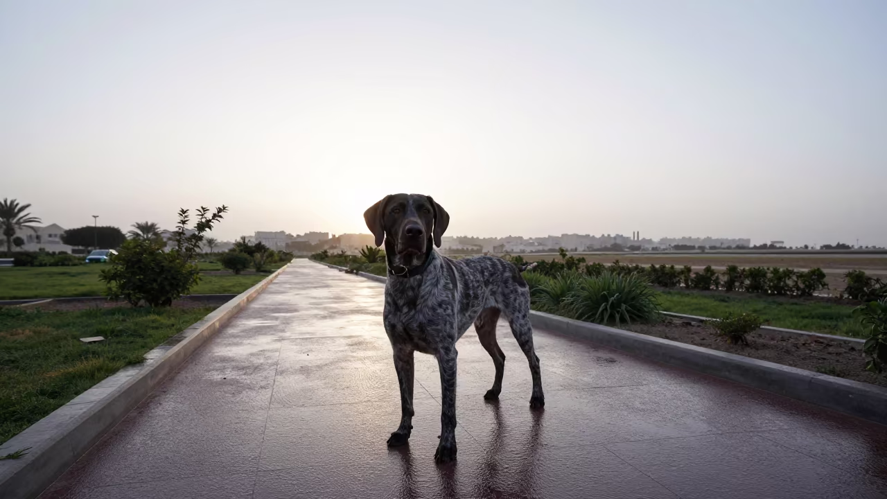 German Shorthaired Pointer on Kuwait Park Path in near a garden edge with soft morning light and an uncluttered background near Kuwait City