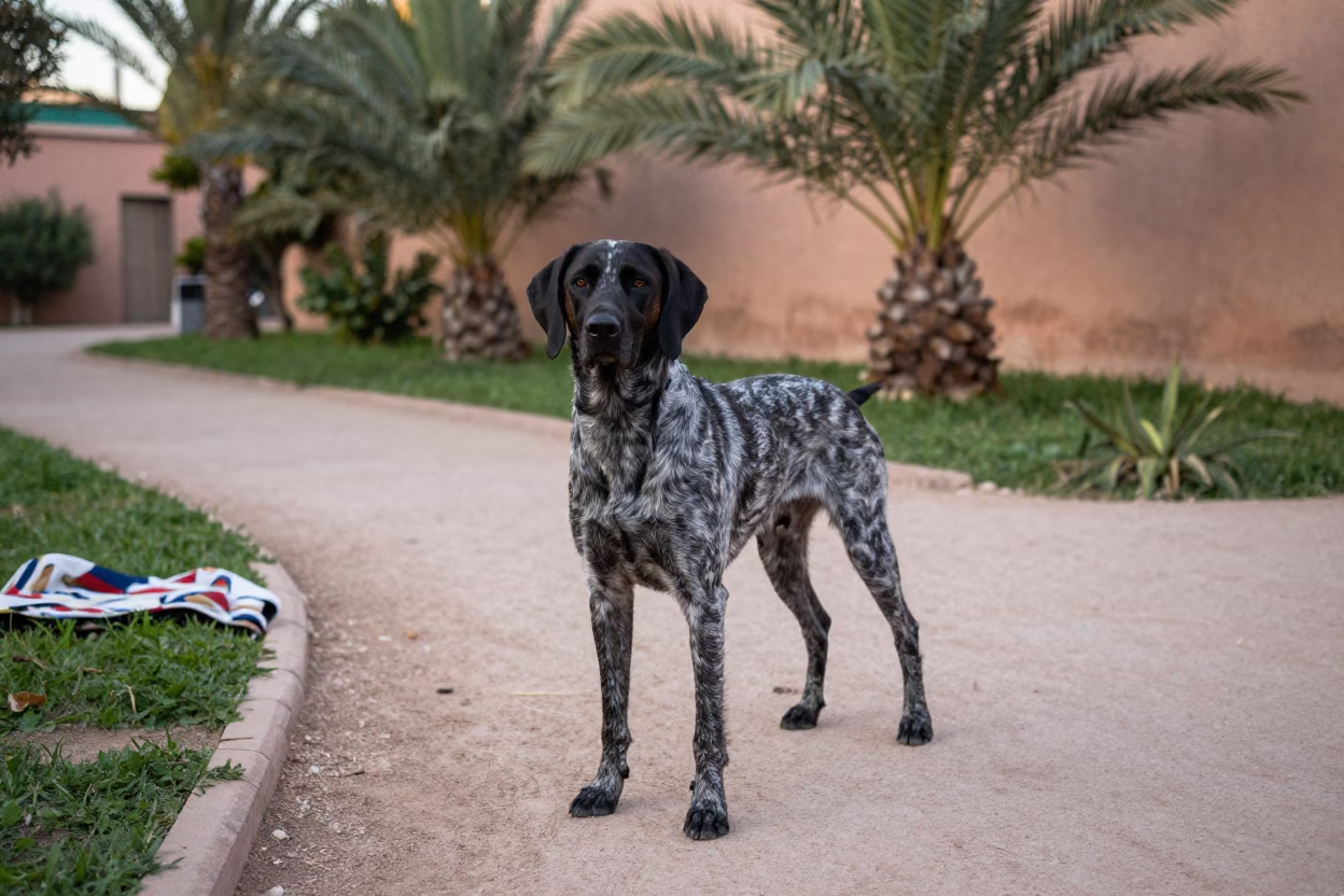 German Shorthaired Pointer on Marrakesh Park Path in near a garden edge with soft morning light and an uncluttered background near Marrakesh