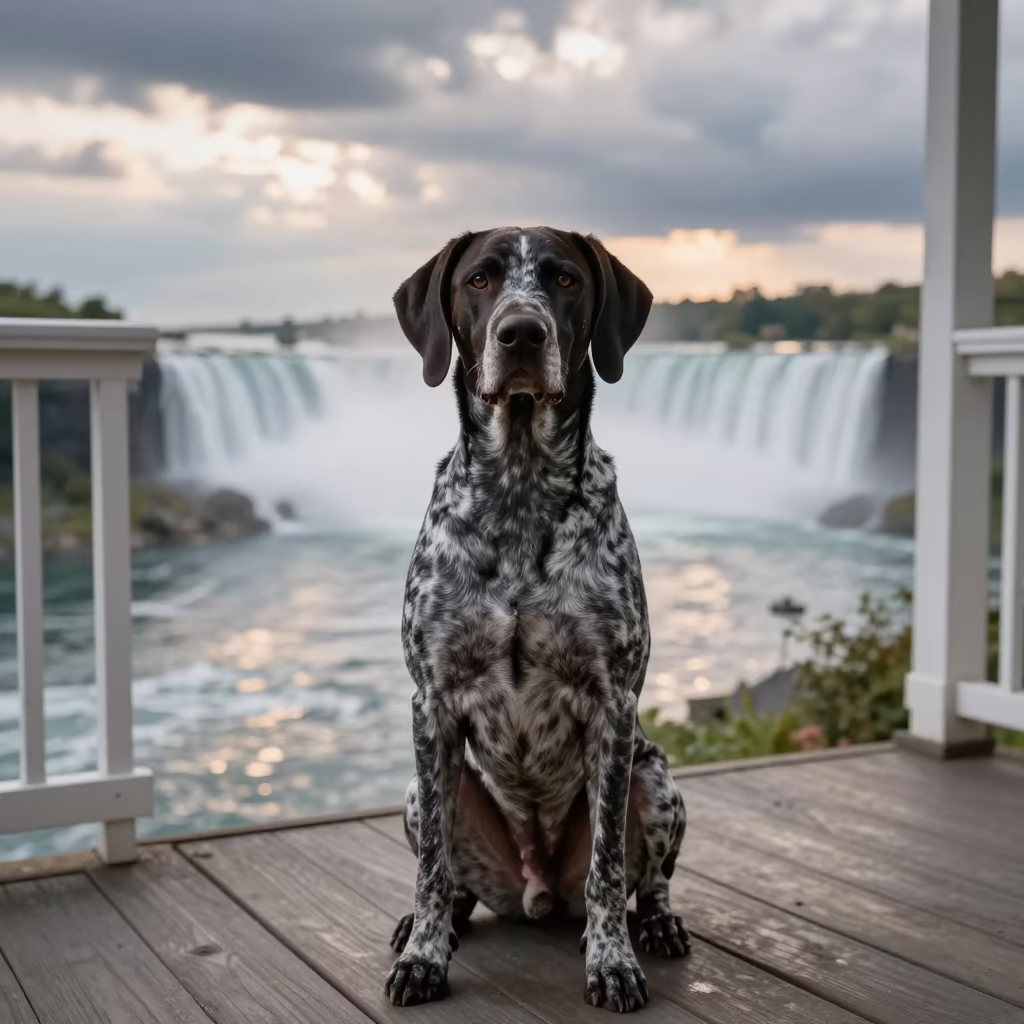 German Shorthaired Pointer on Niagara Porch in on a shaded front porch with boards, railings, and eye-level framing in Niagara Falls
