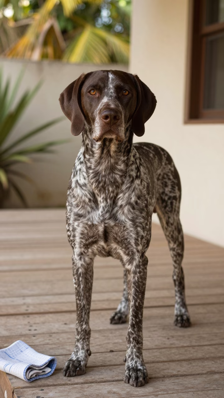 German Shorthaired Pointer on Puerto La Cruz Porch in on a shaded front porch with boards, railings, and eye-level framing in Puerto La Cruz