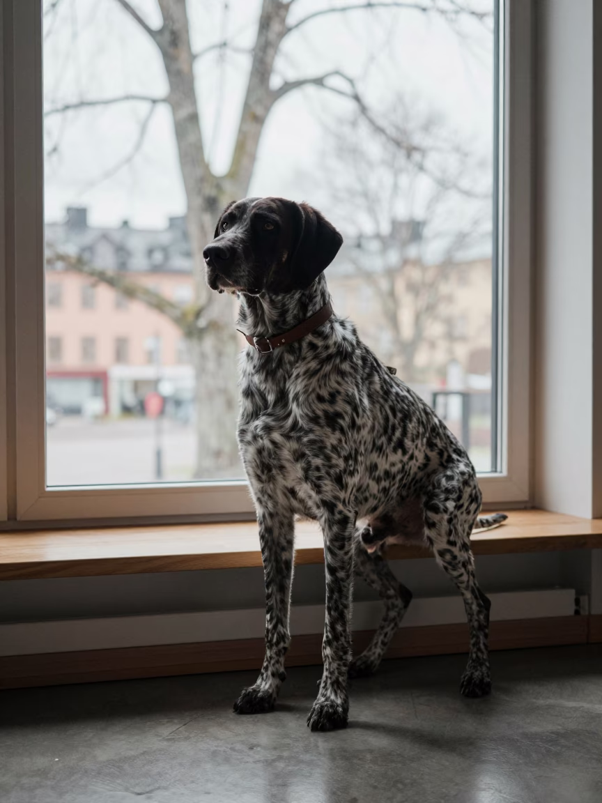 German Shorthaired Pointer on Window Seat in on a cushioned window seat with soft side light and an uncluttered background near Stockholm