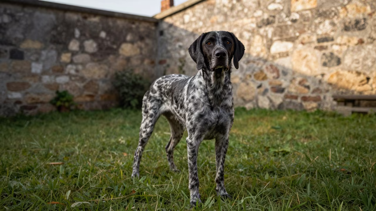 German Shorthaired Pointer Portrait in Fez Yard in in a small yard with clipped grass, calm light, and the animal centered in frame in Fez