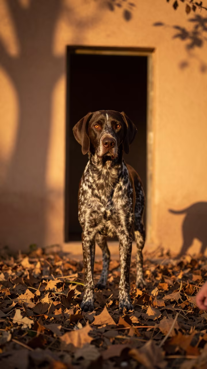 German Shorthaired Pointer Portrait in Late Autumn Light in near a garden edge with soft morning light and an uncluttered background in Bordj Bou Arreridj
