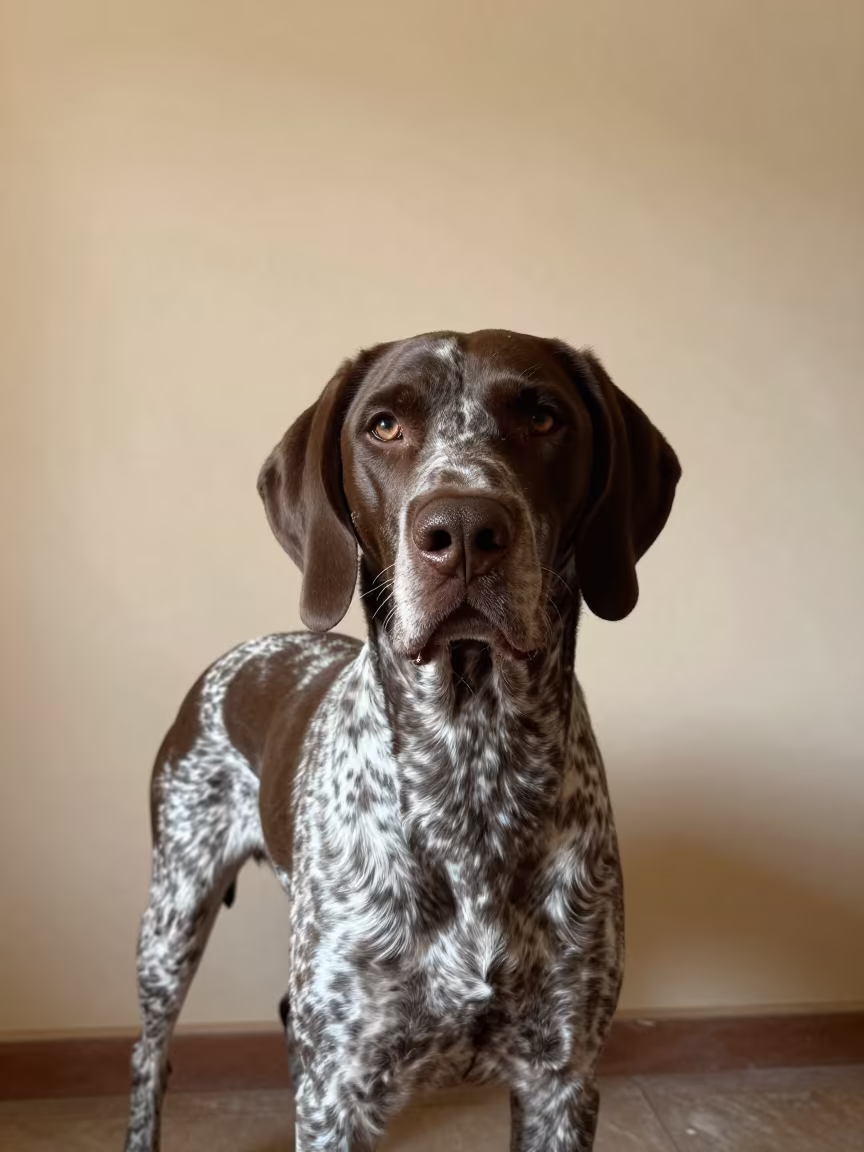 German Shorthaired Pointer Portrait in Soft Tungsten Light in beside a plain plaster wall in soft indoor light with the animal centered in frame near Khenifra