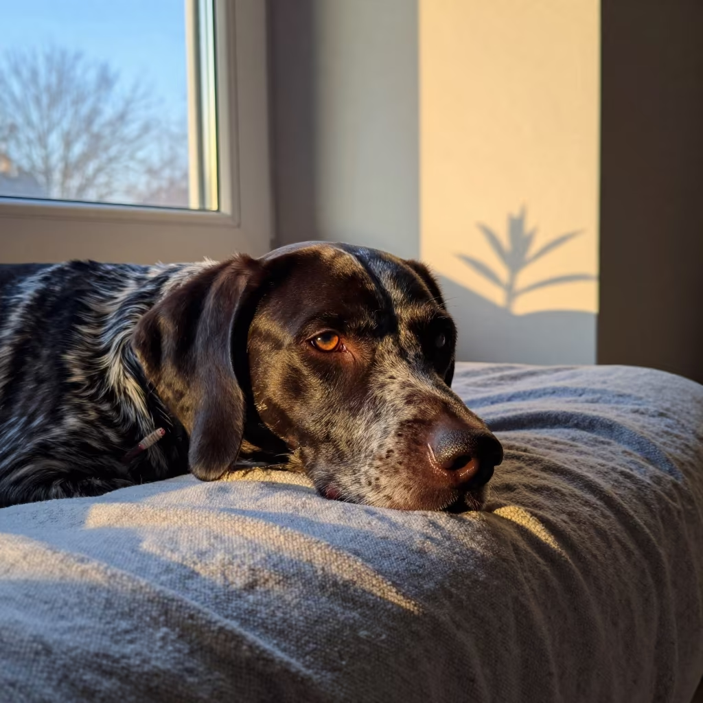 German Shorthaired Pointer Resting Near Window in on a bedspread near a bright window with calm indoor light near Damaturu