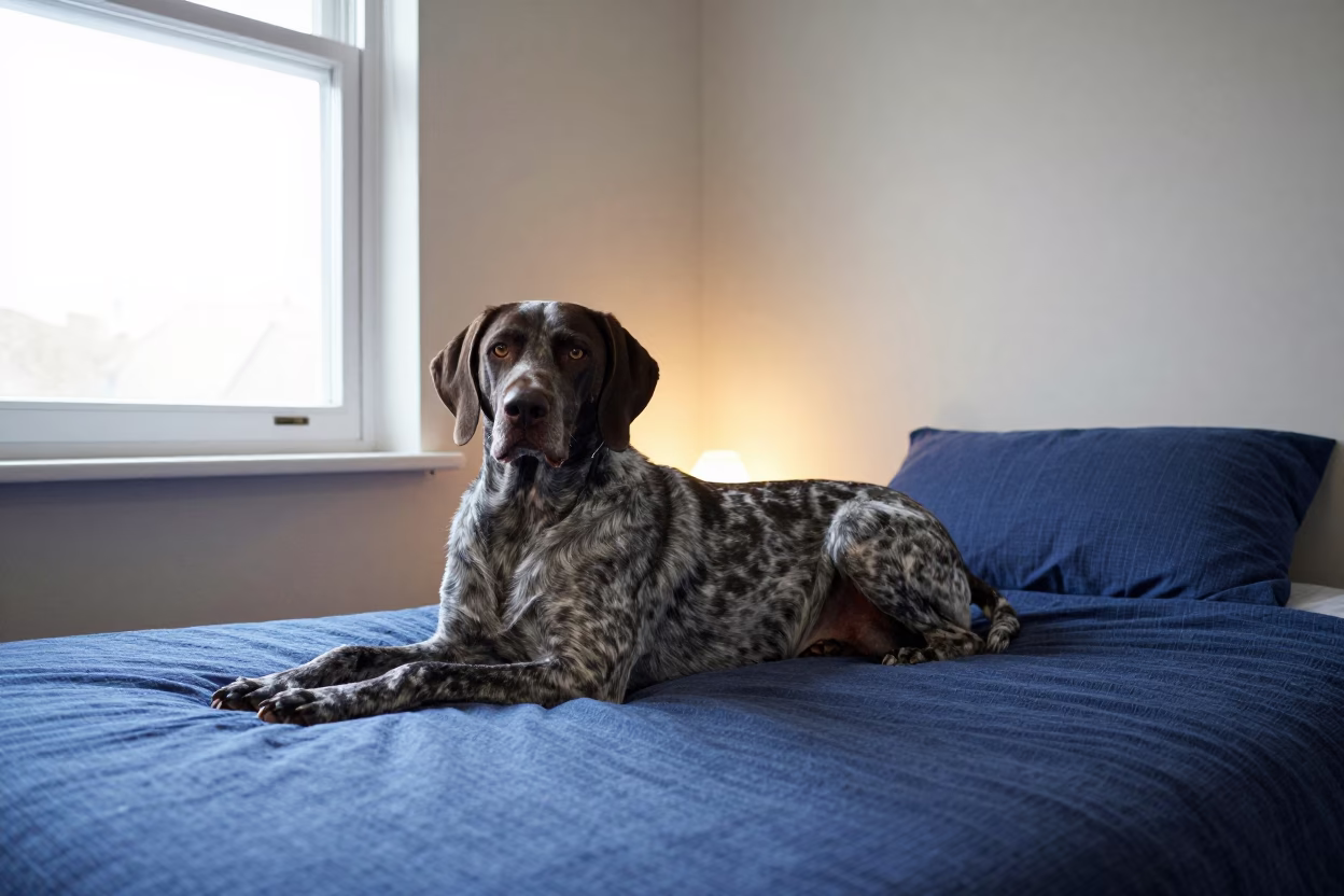 German Shorthaired Pointer Resting on Bedroom Bedspread in on a bedspread near a bright window with calm indoor light in Coventry