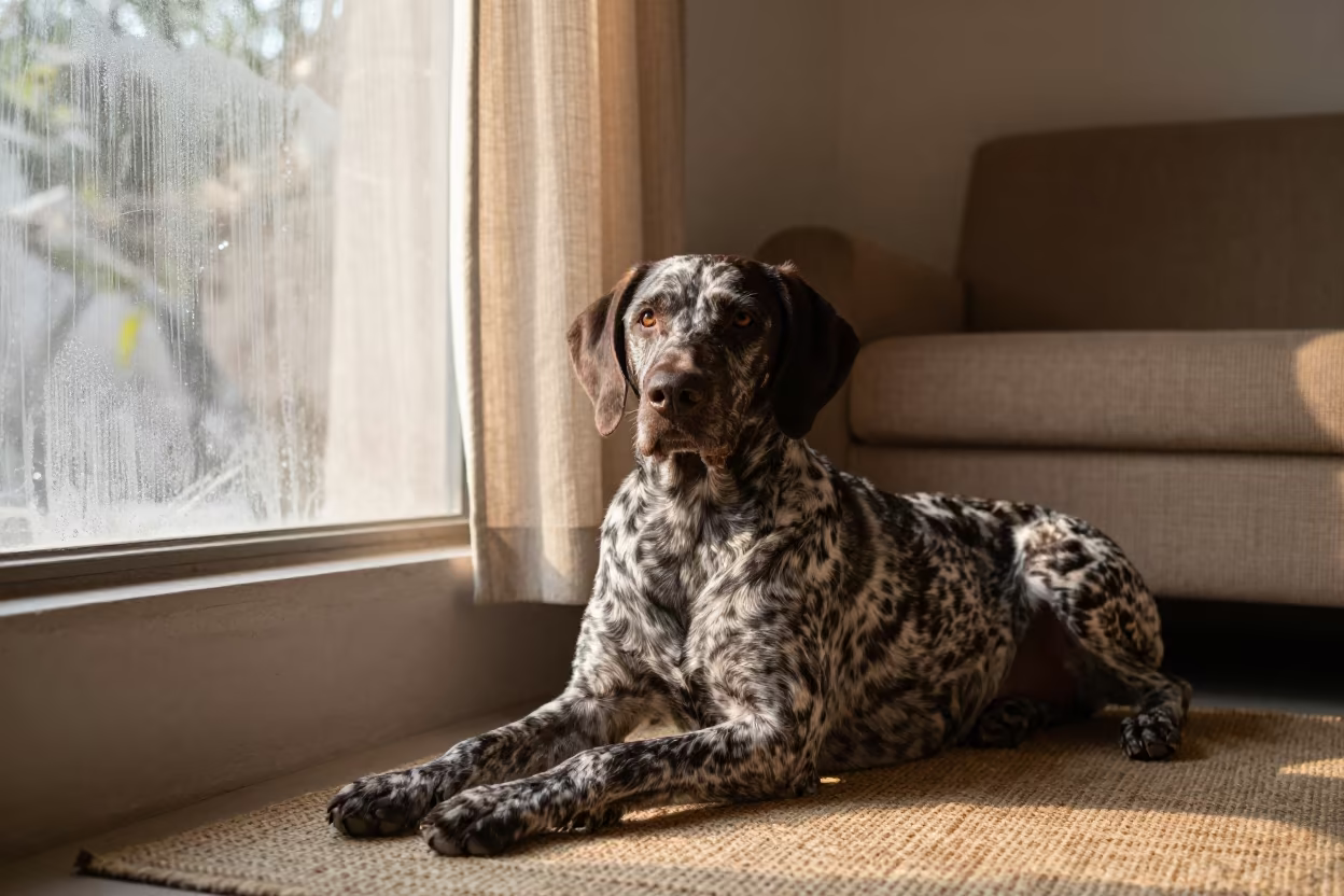 German Shorthaired Pointer Resting on Rug in on a woven rug beside a low couch and an uncluttered wall near Jacobabad