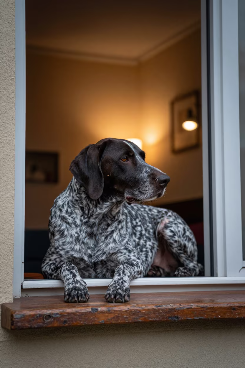 German Shorthaired Pointer Resting on Window Seat in on a window seat in a quiet apartment with soft side light near Damaturu