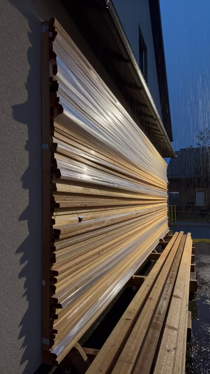 German Siding Install Night Wind and Rain in beside a framed building shell in Germany