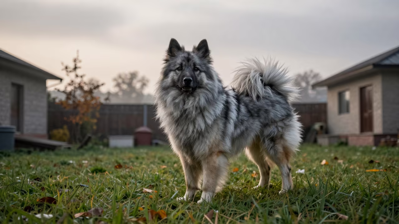 German Spitz in Autumn Misty Yard in in a small yard with clipped grass, calm light, and the animal centered in frame near Chishtian