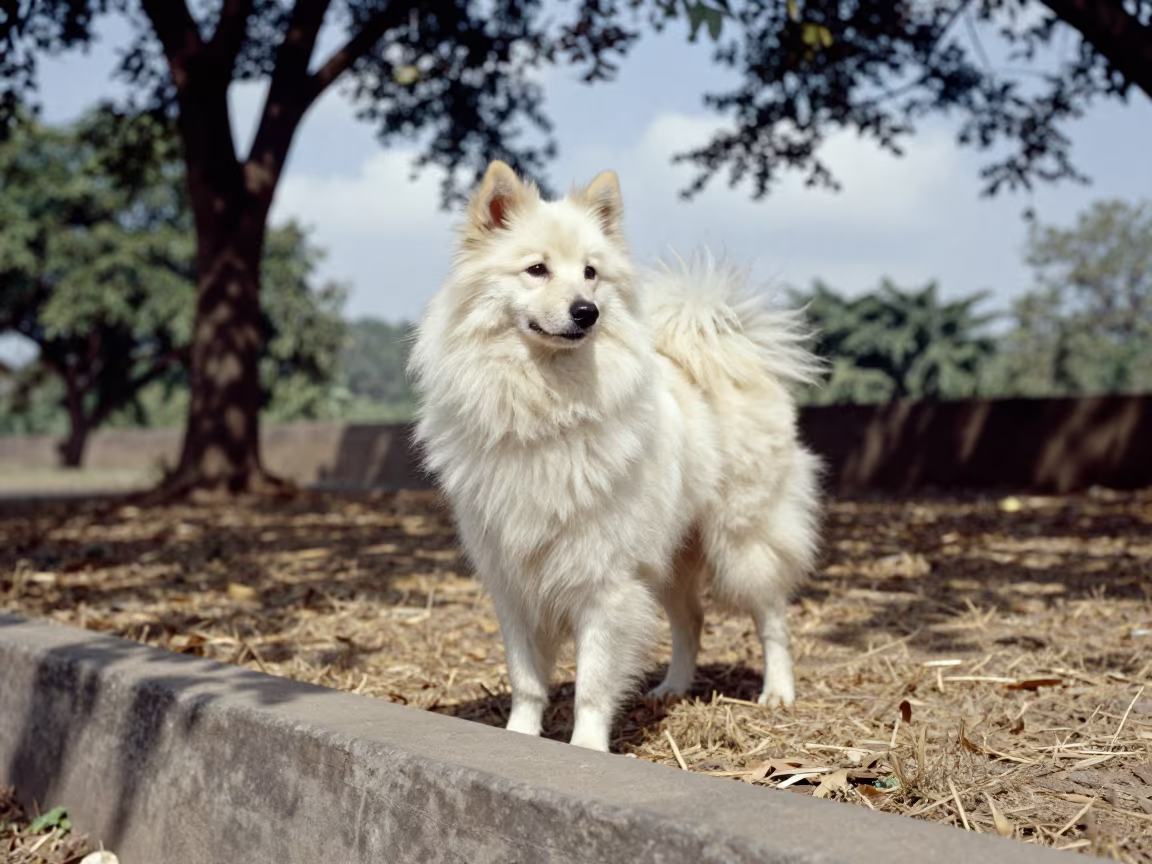German Spitz in Dappled Park Light in along a quiet park path with soft open shade and a clean background in Amravati