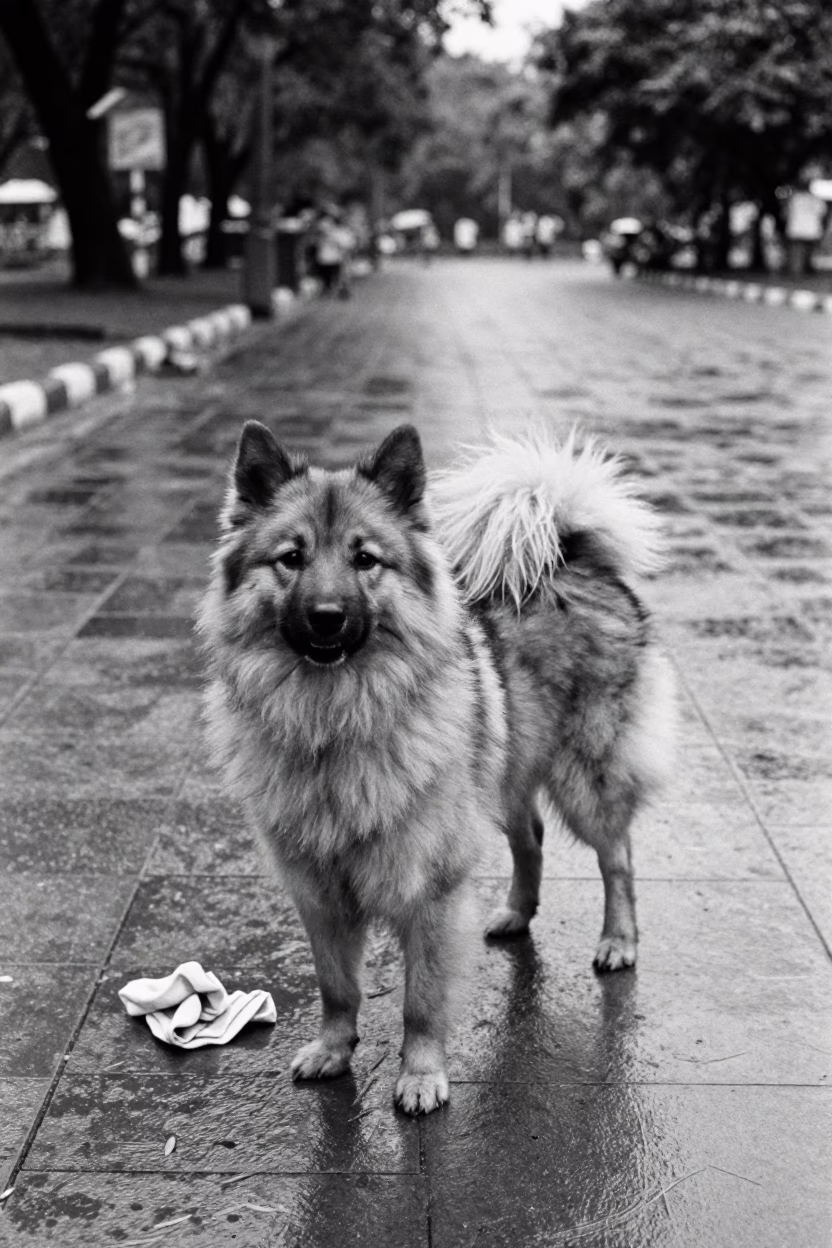 German Spitz in Surat Park Shade in along a quiet park path with soft open shade and a clean background in Surat