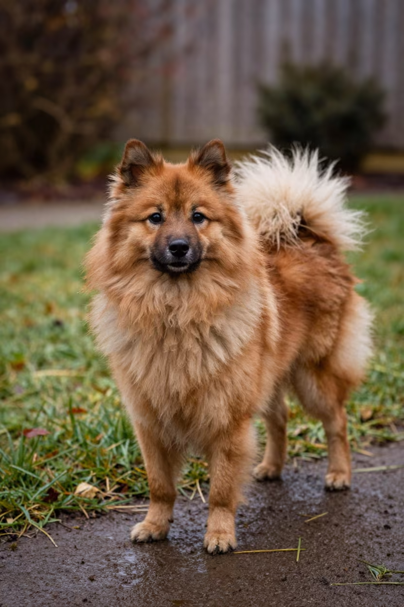 German Spitz in Winter Melbourne Yard in in a small yard with clipped grass, calm light, and the animal centered in frame near Melbourne