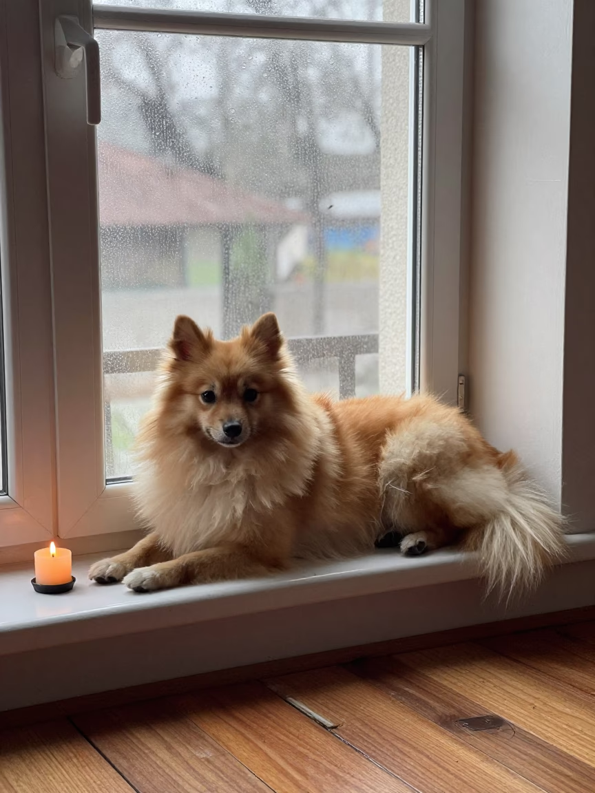 German Spitz on Window Seat in Benin City Apartment in on a window seat in a quiet apartment with soft side light near Benin City