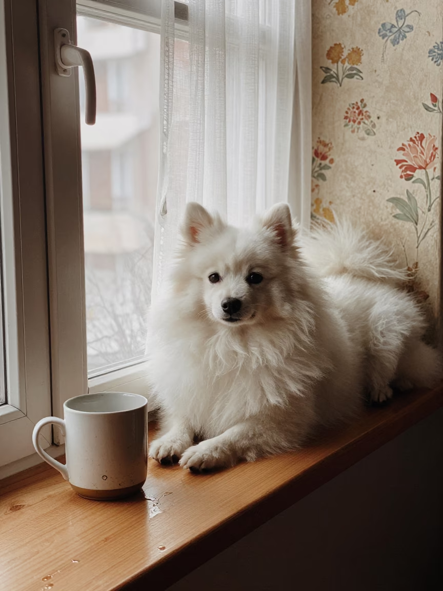 German Spitz on Window Seat in Raleigh Apartment in on a window seat in a quiet apartment with soft side light in Raleigh