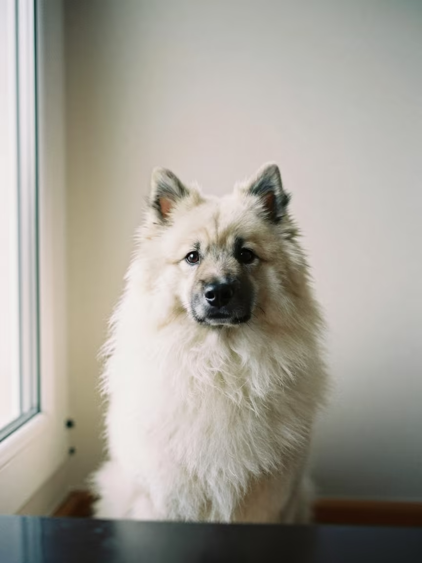German Spitz Portrait Beside Plaster Wall in beside a plain plaster wall in soft indoor light with the animal centered in frame in Dusseldorf