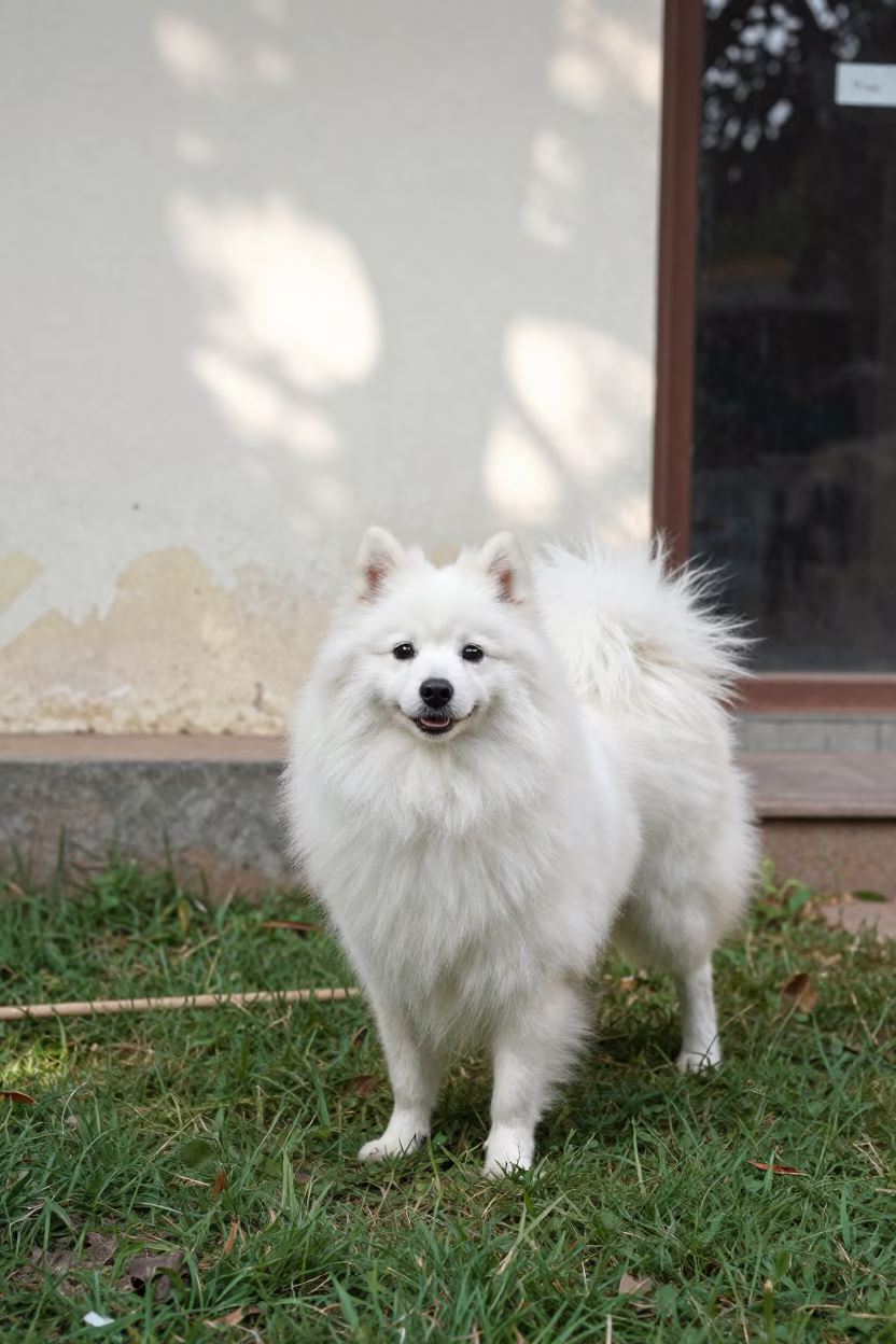 German Spitz Portrait in Junagadh Yard in in a small yard with clipped grass, calm light, and the animal centered in frame in Junagadh