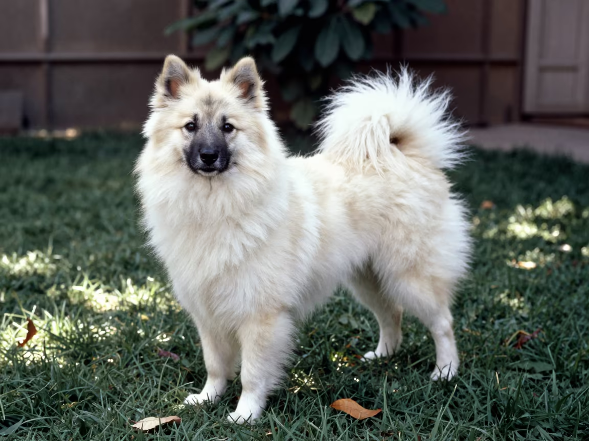 German Spitz Portrait in Khairpur Late Afternoon in in a small yard with clipped grass, calm light, and the animal centered in frame in Khairpur