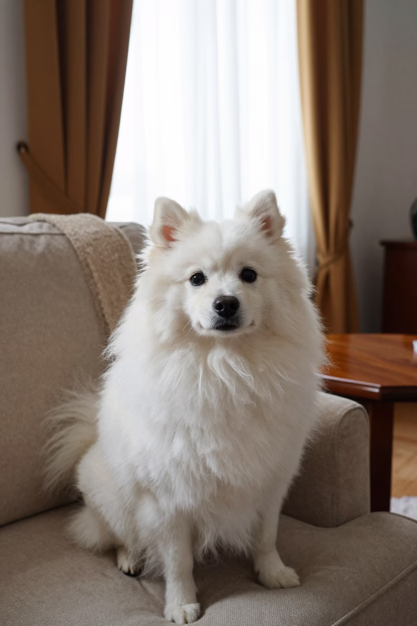 German Spitz Portrait on Madrid Sofa Near Window in on a sofa near a curtained window with calm indoor light in Madrid