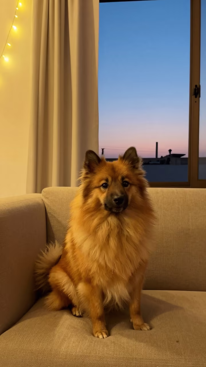 German Spitz Portrait on Sofa in Lima Twilight in on a sofa near a curtained window with calm indoor light in Miraflores, Lima