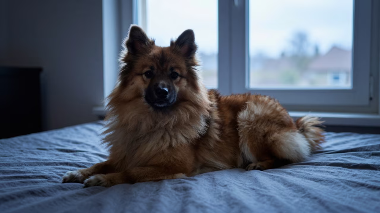 German Spitz Resting on Bedspread Near Window in on a bedspread near a bright window with calm indoor light in Gothenburg