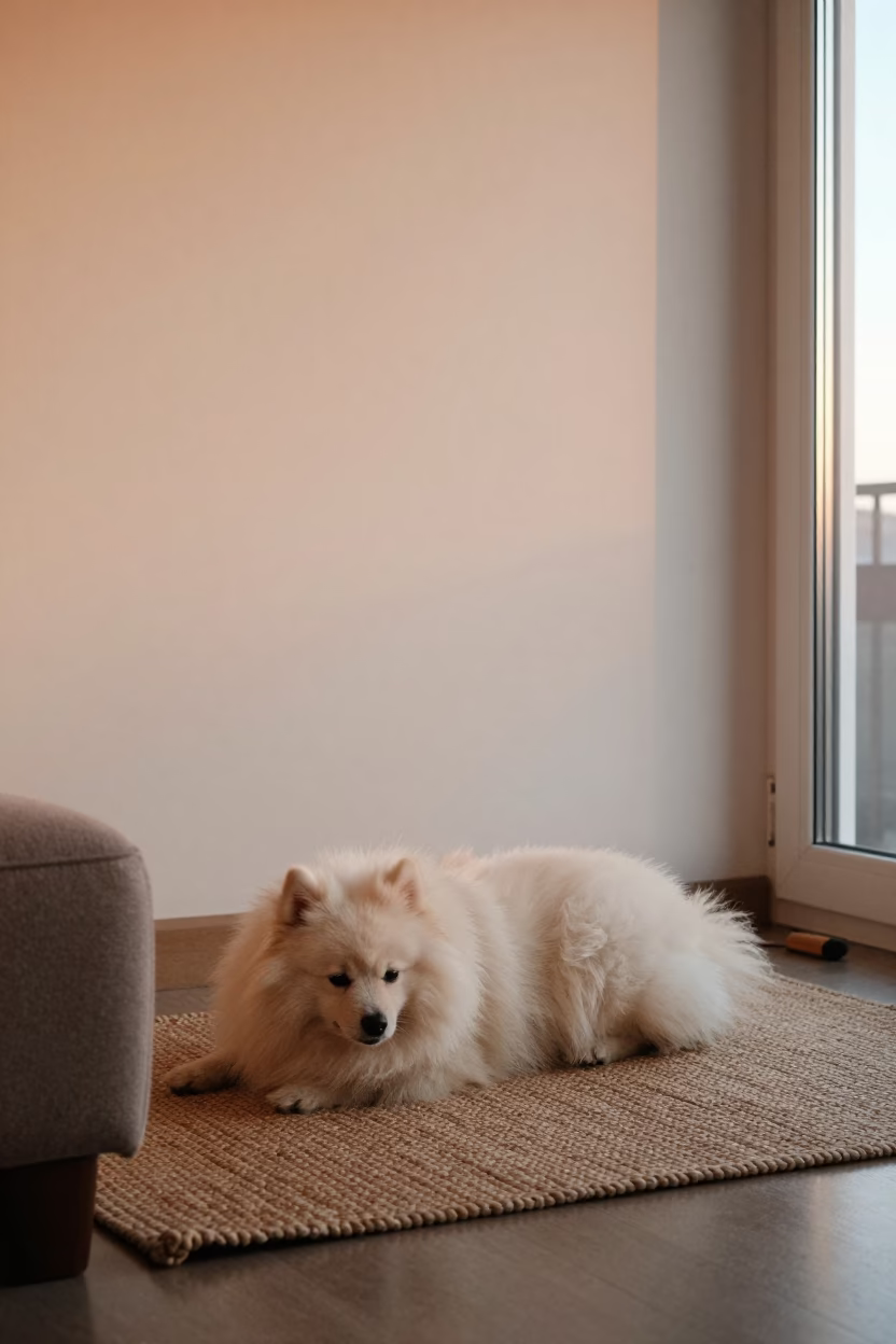 German Spitz Resting on Woven Rug at Home in on a woven rug beside a low couch and an uncluttered wall near Rotterdam