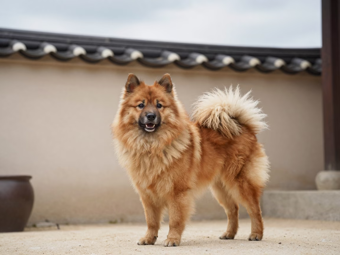 German Spitz Standing Beside Courtyard Wall in Gyeongju in beside a plain courtyard wall in clear daylight with the animal at eye level in Gyeongju