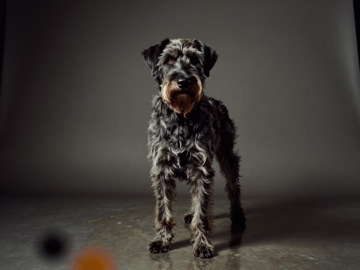 German Wirehaired Pointer in Night Studio Portrait in in a quiet portrait studio with a plain backdrop and eye-level framing in Ujjain