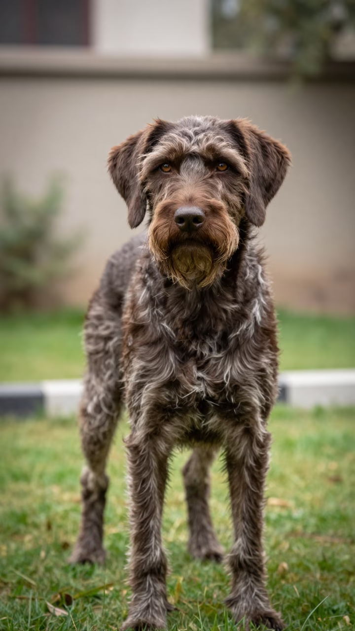 German Wirehaired Pointer in Ranchi Yard Portrait in in a small yard with clipped grass, calm light, and the animal centered in frame near Ranchi