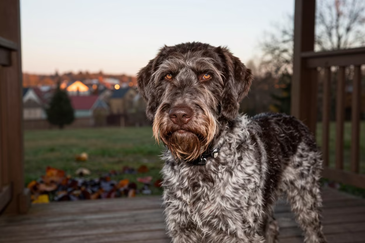 German Wirehaired Pointer on Maykop Porch in near a garden edge with soft morning light and an uncluttered background in Maykop