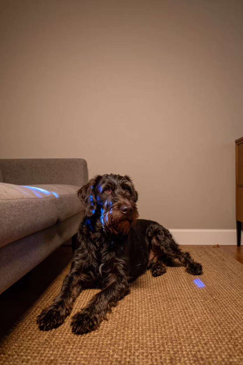 German Wirehaired Pointer on Rug at Blue Hour in on a woven rug beside a low couch and an uncluttered wall in Milwaukee
