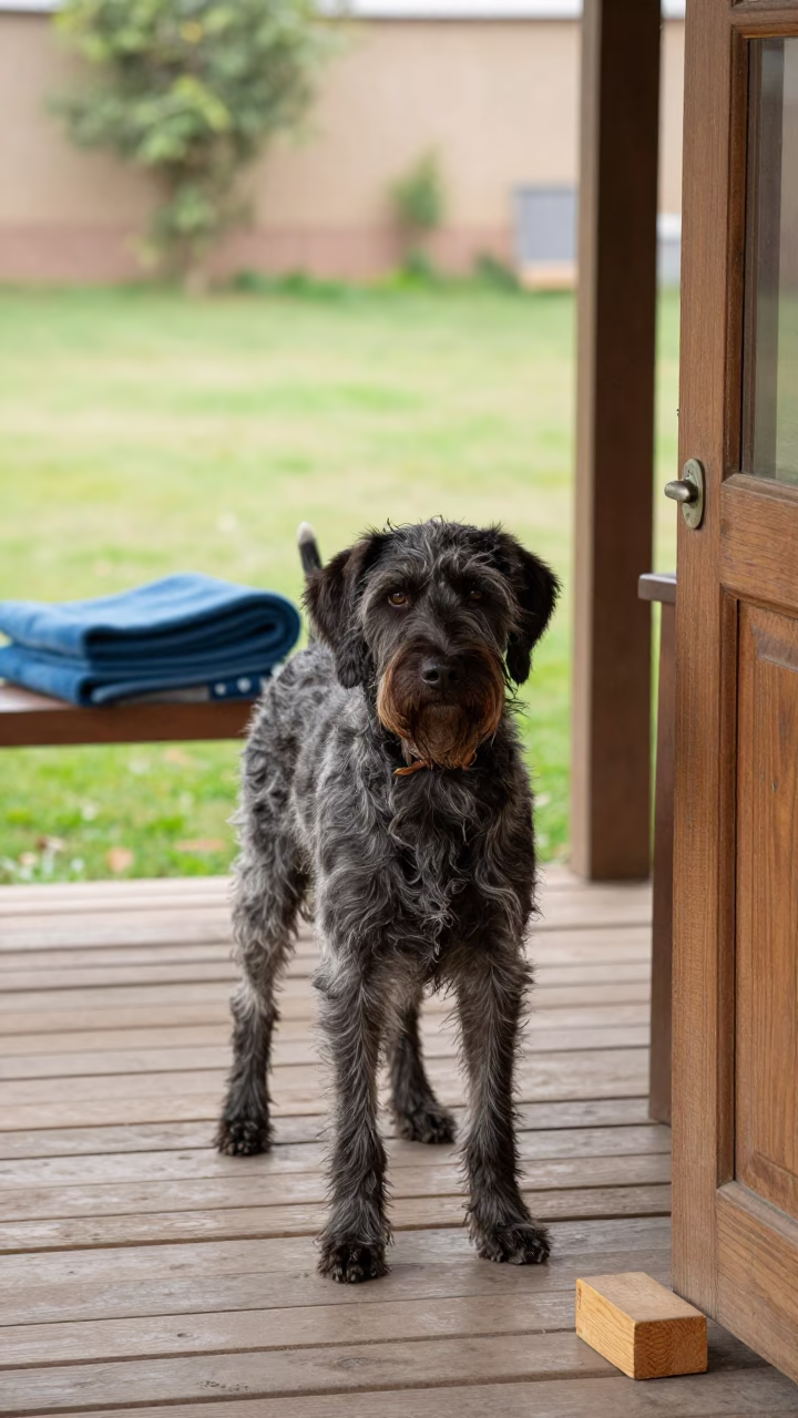 German Wirehaired Pointer on Shaded Ajmer Porch in in a small yard with clipped grass, calm light, and the animal centered in frame near Ajmer