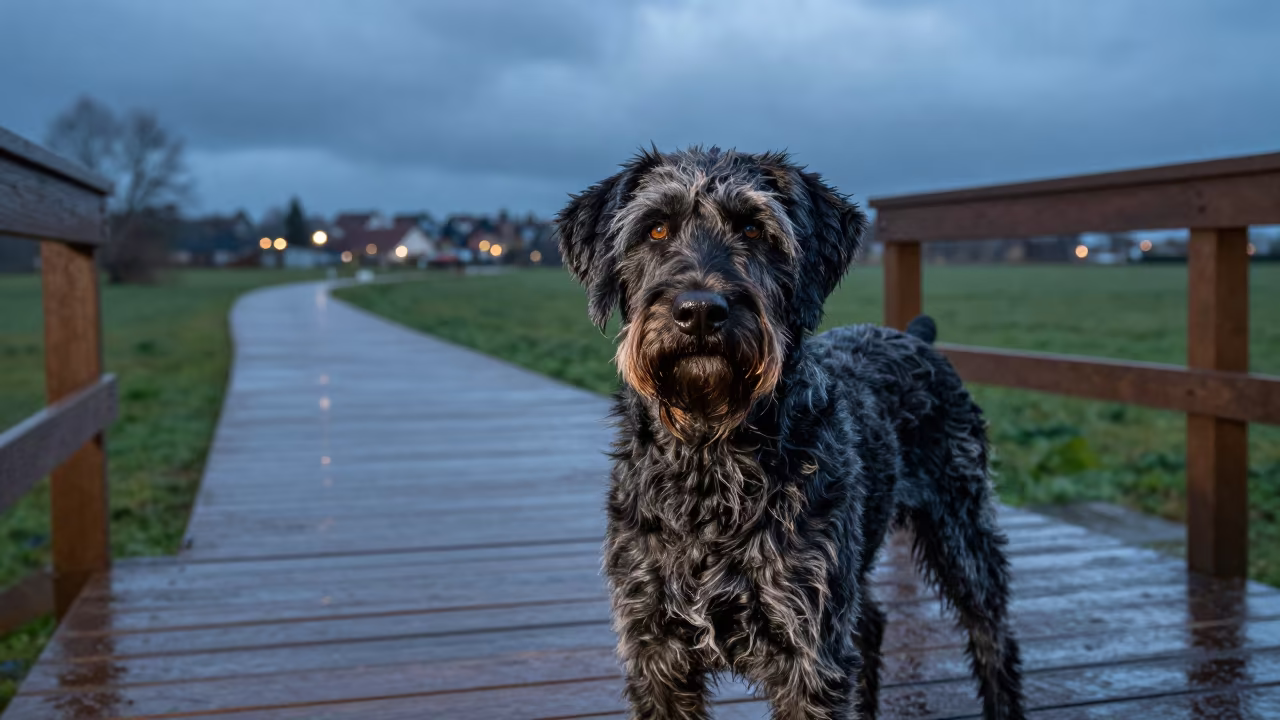 German Wirehaired Pointer on Shaded Porch at Blue Hour in along a quiet park path with soft open shade and a clean background in Bata