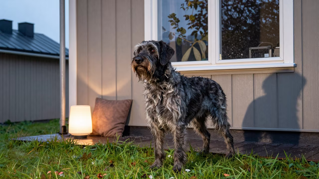 German Wirehaired Pointer on Shaded Porch in Espoo in in a small yard with clipped grass, calm light, and the animal centered in frame in Espoo