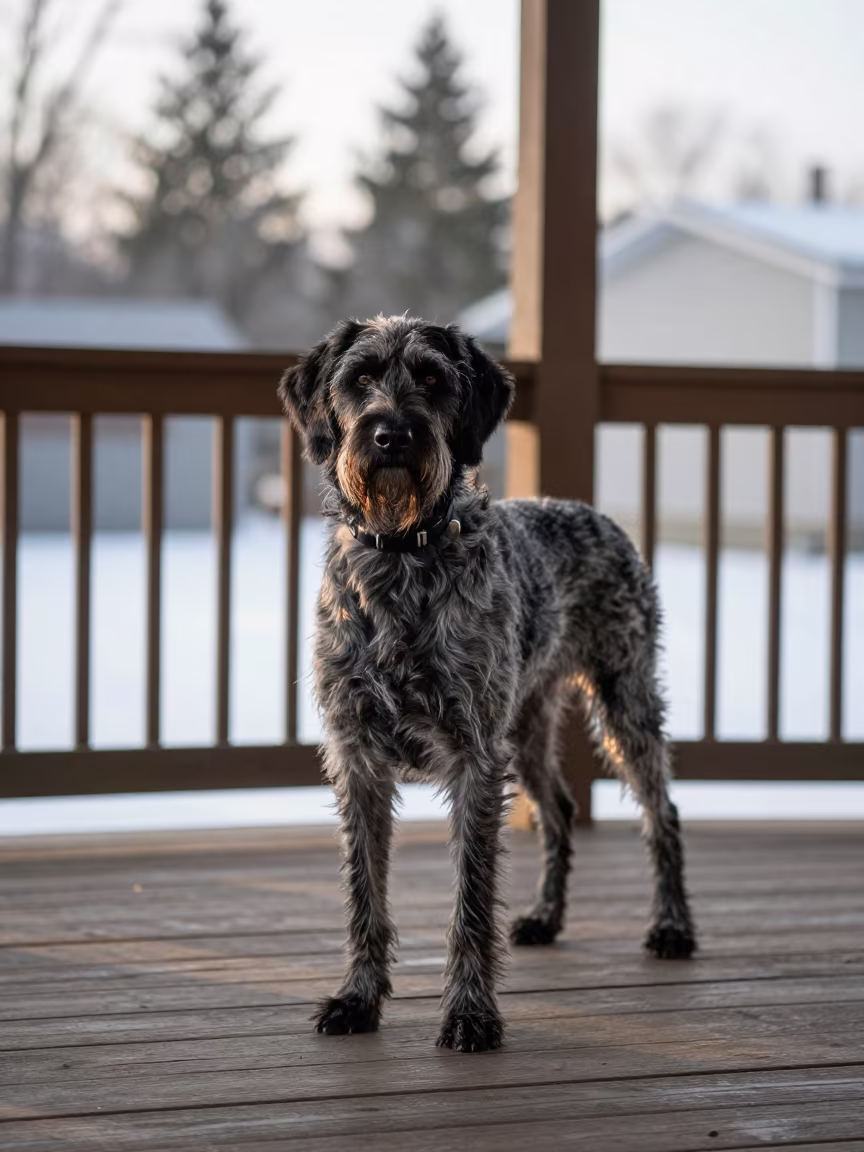 German Wirehaired Pointer on Shaded Winter Porch in on a shaded front porch with boards, railings, and eye-level framing in Van
