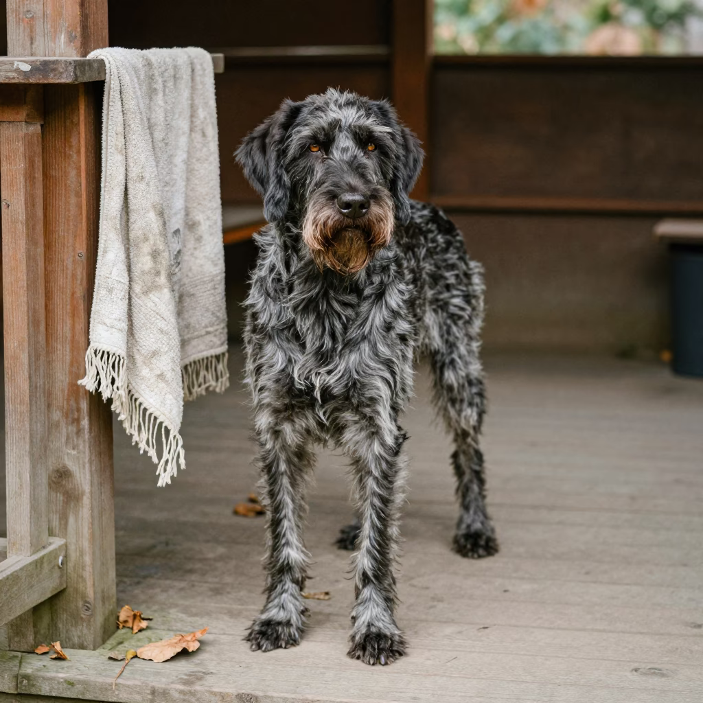 German Wirehaired Pointer on Zhengzhou Porch in on a shaded front porch with boards, railings, and eye-level framing in Zhengzhou