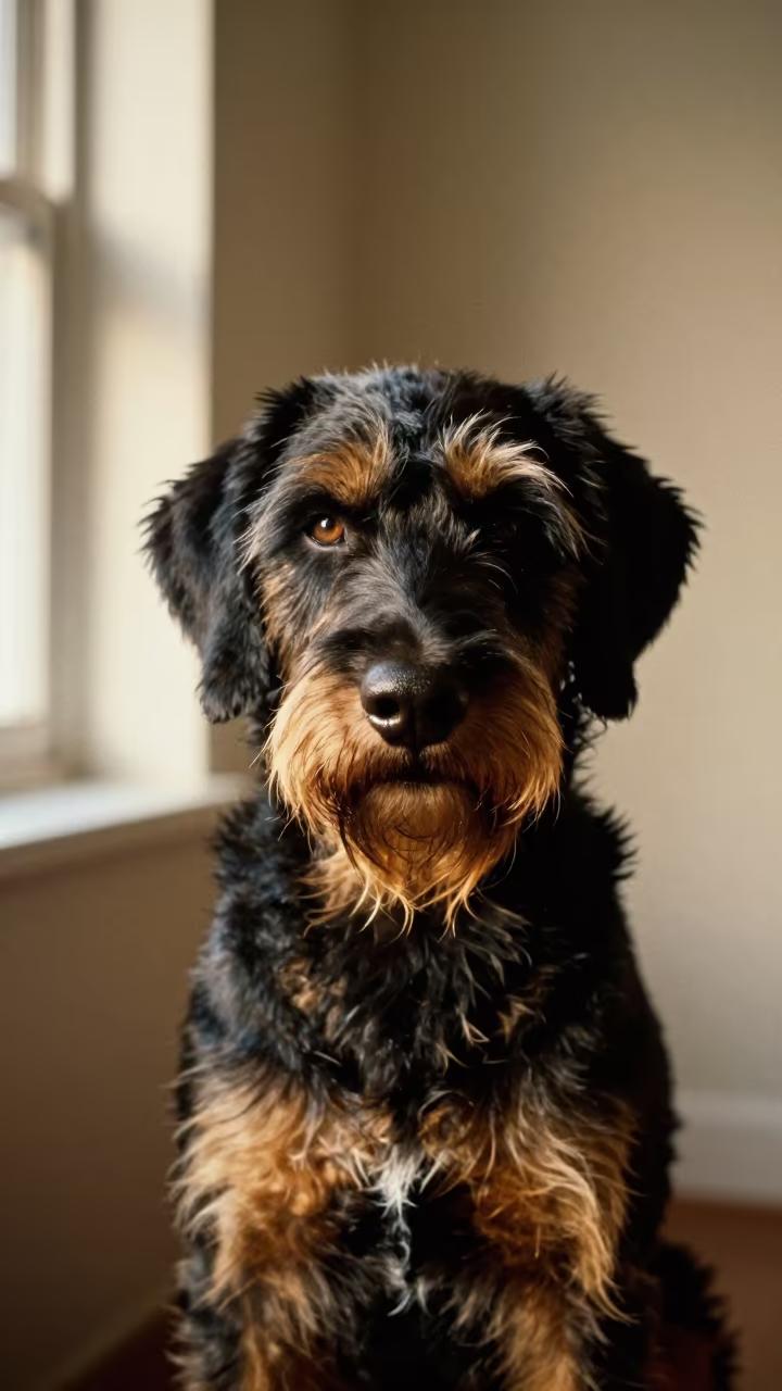 German Wirehaired Pointer Portrait Canberra in beside a plain plaster wall in soft indoor light with the animal centered in frame in Canberra