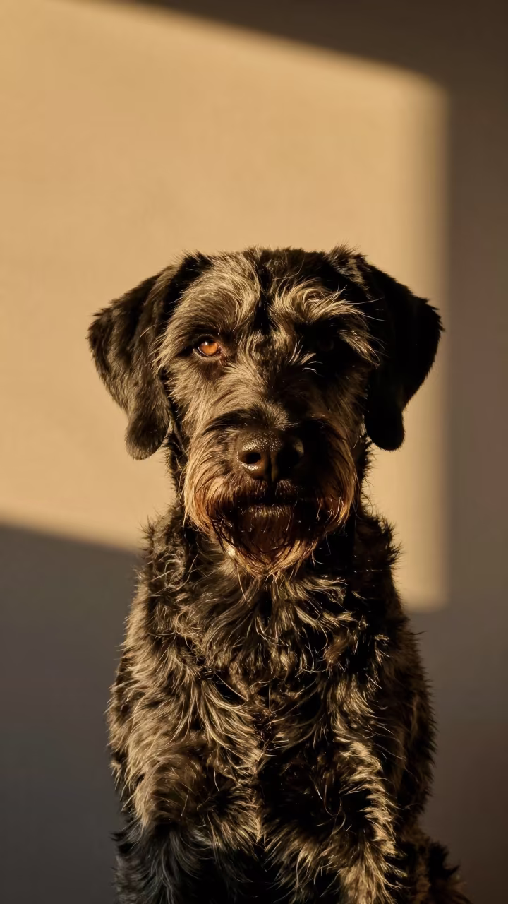 German Wirehaired Pointer Portrait in Amber Studio Light in in a quiet portrait studio with a plain backdrop and eye-level framing in Melbourne