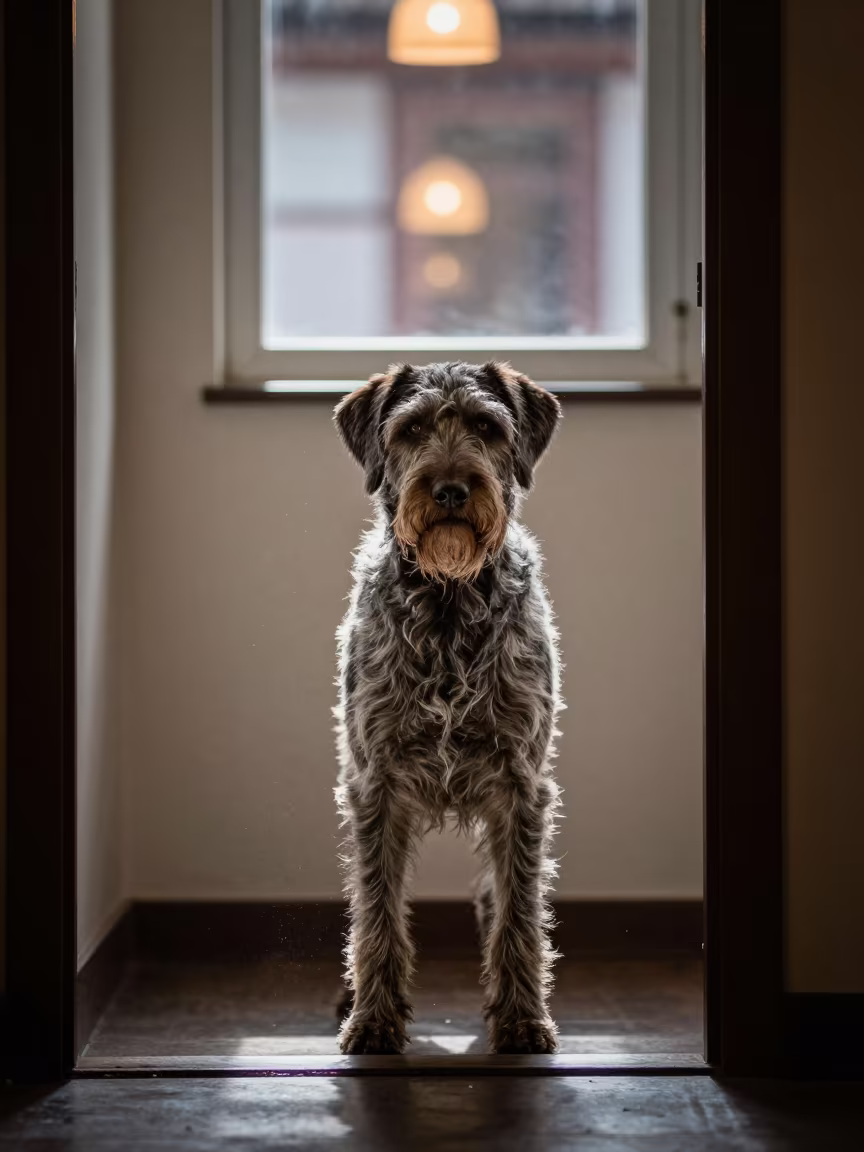 German Wirehaired Pointer Portrait in Dim Light in beside a plain plaster wall in soft indoor light with the animal centered in frame near Hisar