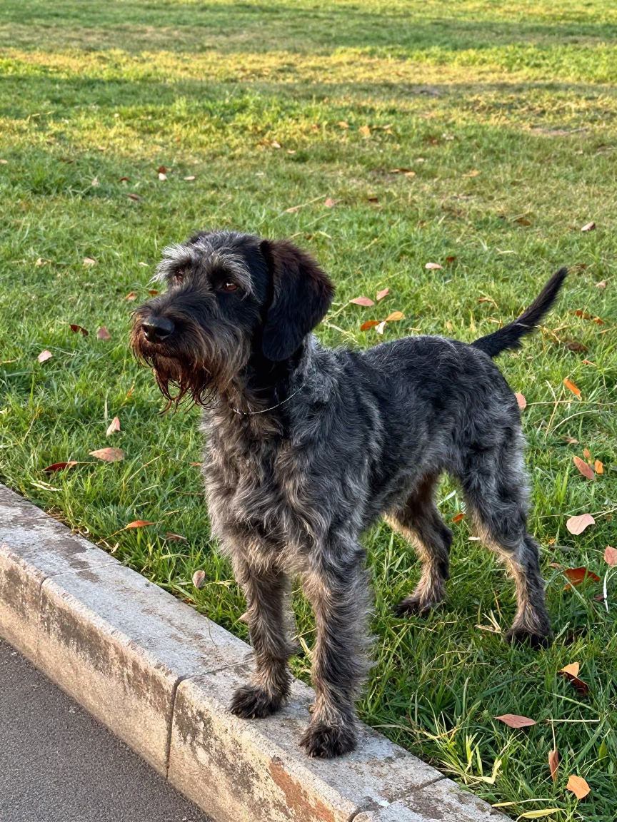 German Wirehaired Pointer Portrait in Morning Light in near a garden edge with soft morning light and an uncluttered background in Milagro