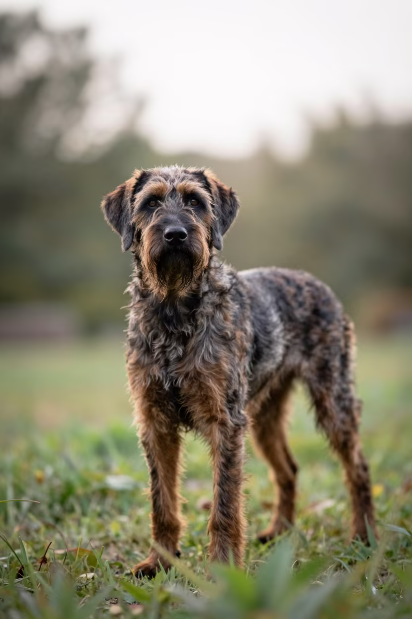 German Wirehaired Pointer Portrait in Nagasaki Garden in near a garden edge with soft morning light and an uncluttered background in Nagasaki