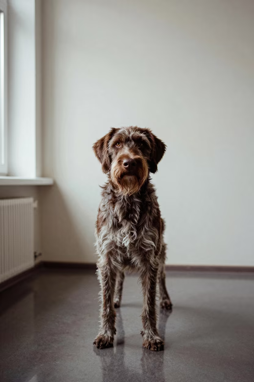 German Wirehaired Pointer Portrait Midsummer in beside a plain plaster wall in soft indoor light with the animal centered in frame in Novosibirsk