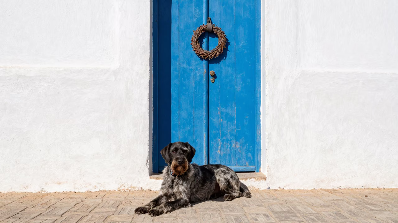 German Wirehaired Pointer resting near traditional blue door in Essaouira Morocco midday in in Essaouira, Morocco