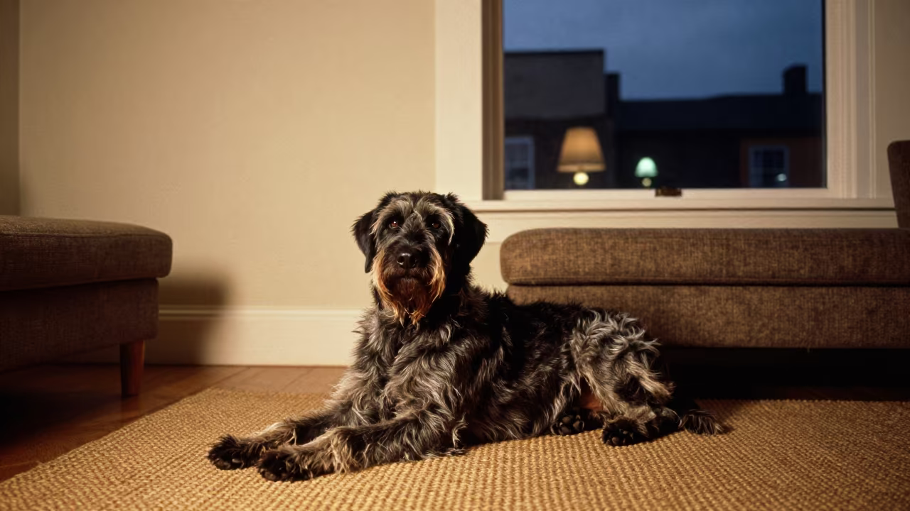 German Wirehaired Pointer Resting on Woven Rug in on a woven rug beside a low couch and an uncluttered wall near Bristol