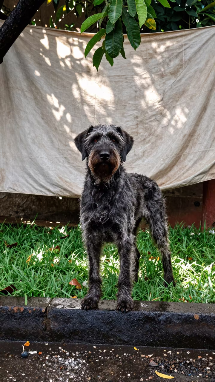 German Wirehaired Portrait Los Teques Yard in in a small yard with clipped grass, calm light, and the animal centered in frame near Los Teques